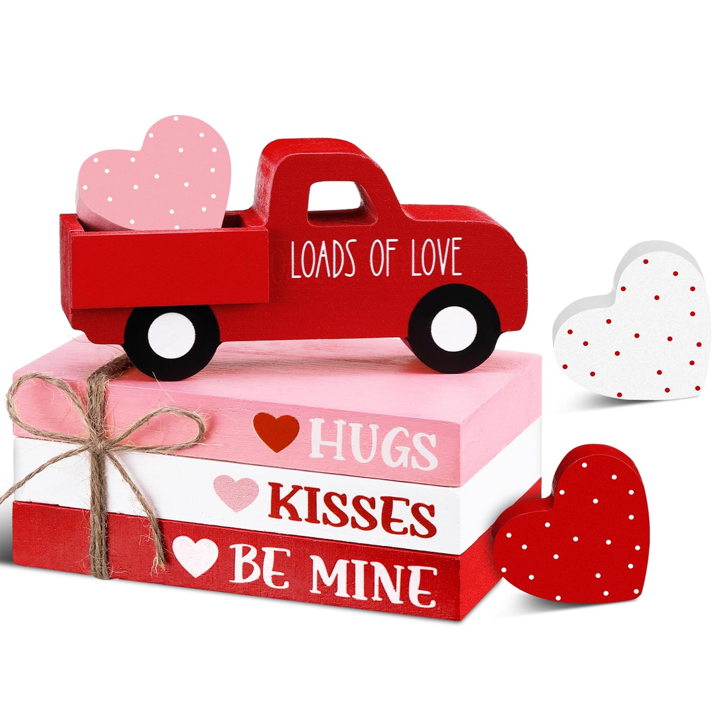 DoubleFill 7 Pcs Valentine's Day Table Decorations Valentines Tiered Tray Decor Faux Book Bundle with Twine Red Truck Table Centerpiece Farmhouse Heart Wooden Sign for Home Indoor Party Bookshelf Gift