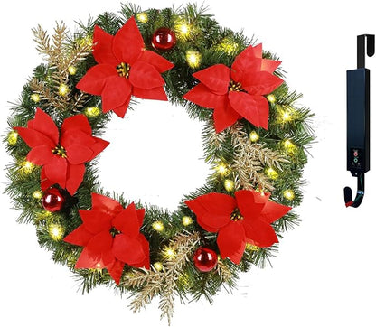 Solar Christmas Wreath 24 Inches Pre-Lit Solar 50 Led Artificial Lighted Wreath for Front Door Window Home Decor Outdoor Christmas Decor Poinsettias Golden Pine Branches Balls(2403)
