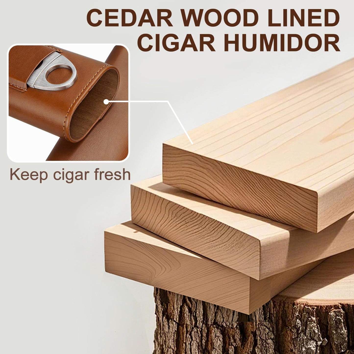 cgaplus 3-Finger Leather Cigar Case with Cutter Cedar Wood Lined Cigar Humidor Portable Travel Cigar Case(Brown)