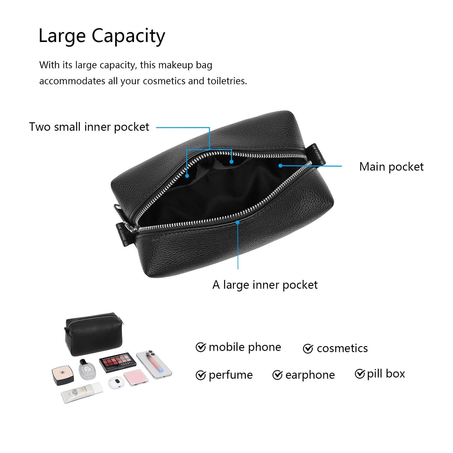 YONBEN PU leather Organizer Bag Lightweight Cosmetic Bag with Ring Clasp Perfect Travel Makeup Bag for Women (Black/PU)