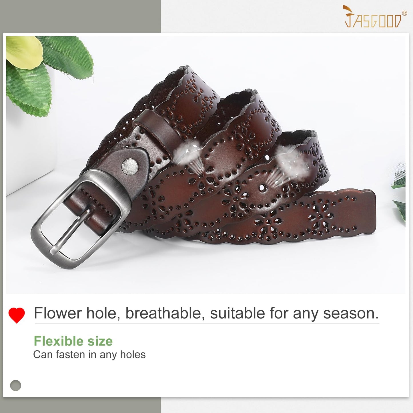 JASGOOD Women Hollow Flower Leather Belt for Jeans Pants Soft Leather Belt with Solid Pin Buckle(Coffee, Fit Waist Size 29-32 Inches)