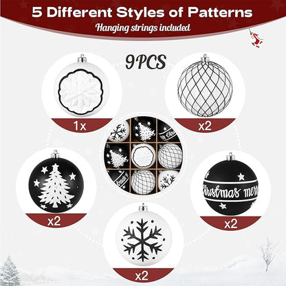 SHareconn 100MM/4 Inch 9PCS Large Christmas Balls Ornaments, Shatterproof Plastic Hanging Big Baubles Set for Xmas Tree Decoration Holiday Party Wedding Decorations with Hook,Black and White