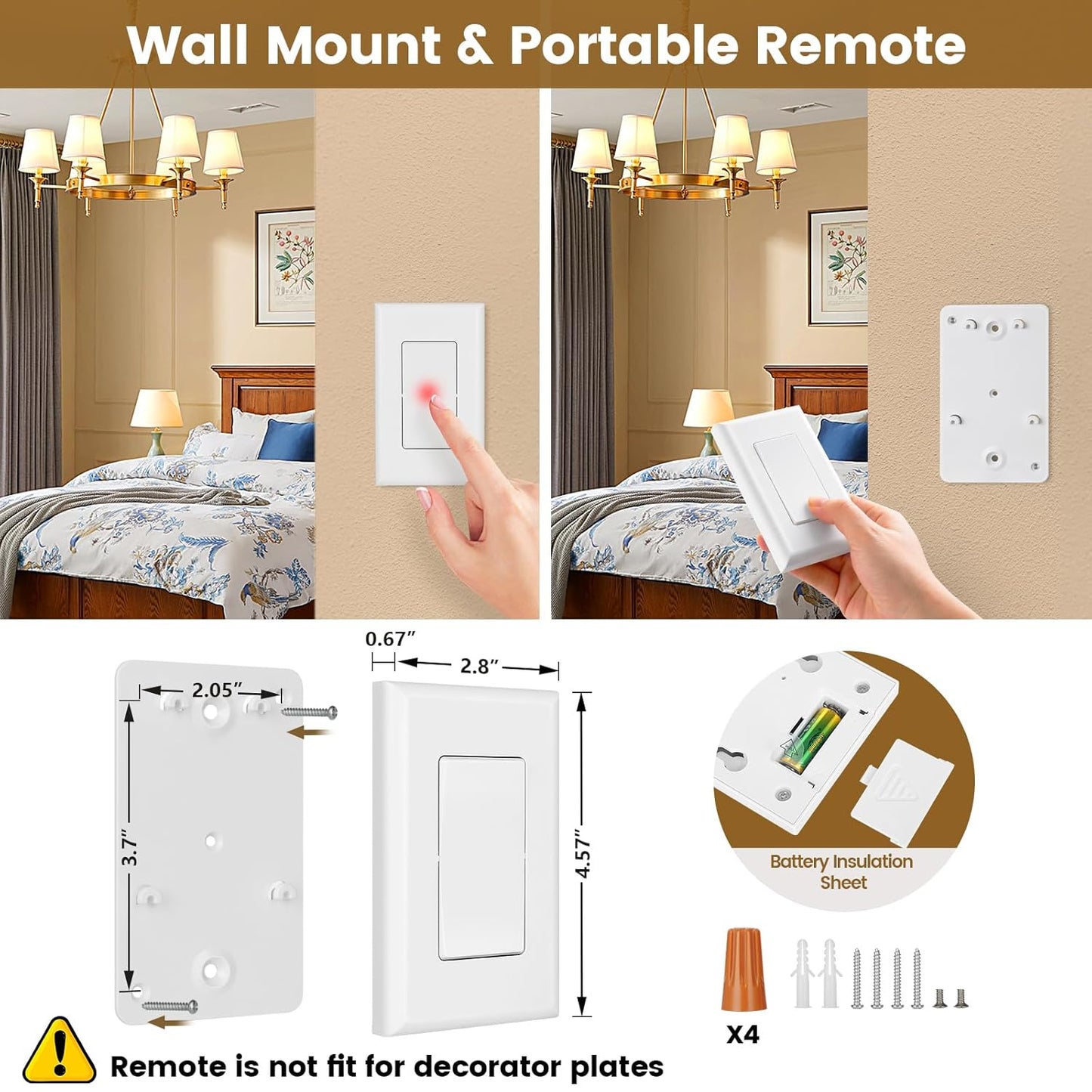 Suraielec 3 Way Wireless Light Switch, Neutral Wire Required, Grounding, 15A High Power, 100ft Range, No Wiring No WiFi, Expandable Remote Control Light Switches for Lamp, Ceiling Light, Fan