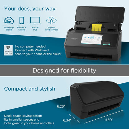 ScanSnap iX2500 Wireless or USB High-Speed Cloud Enabled Document, Photo & Receipt Scanner with Large 5" Touchscreen and 100 Page Auto Document Feeder for Mac or PC, Black