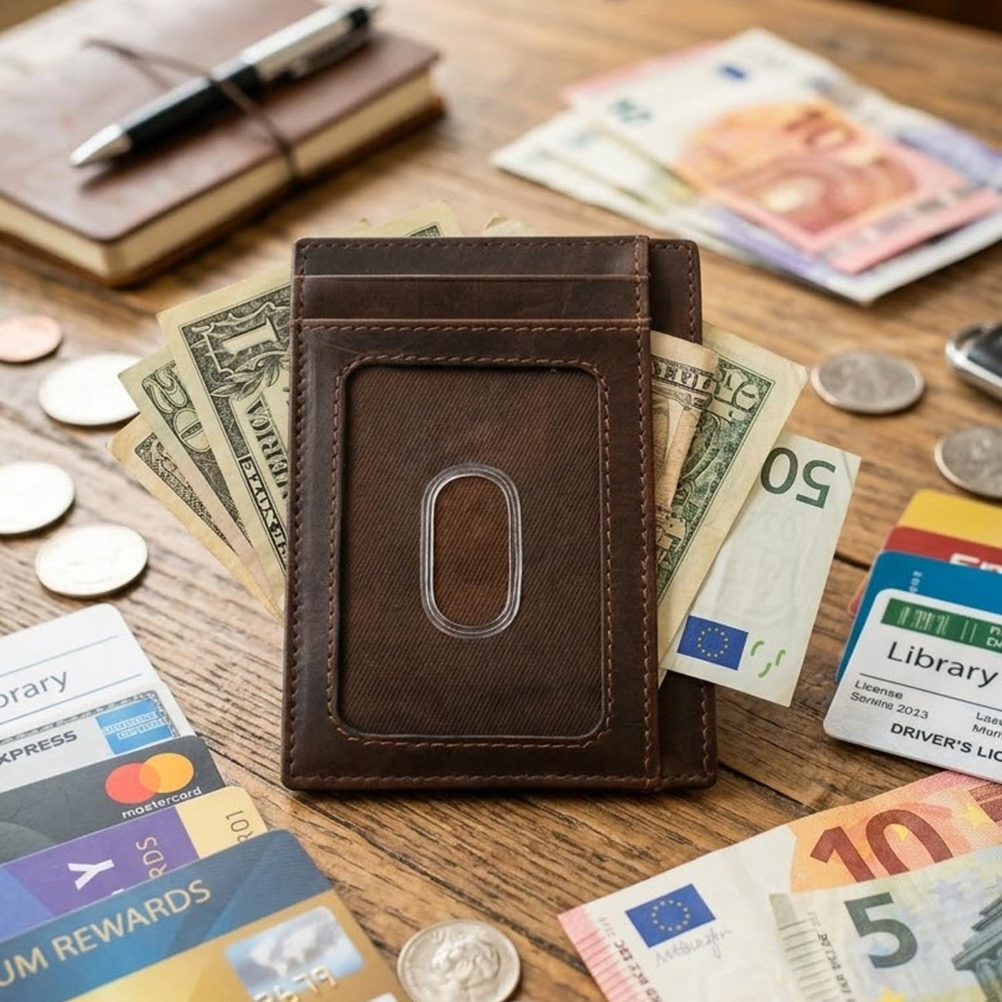 ili New York Genuine Leather Slim RFID Card Holder for Men - 7 Slots, Clear ID Window with Thumb Slide, Compact 4.5" x 3", Minimalist Credit Card Holder for Front or Back Pocket - Antique Saddle