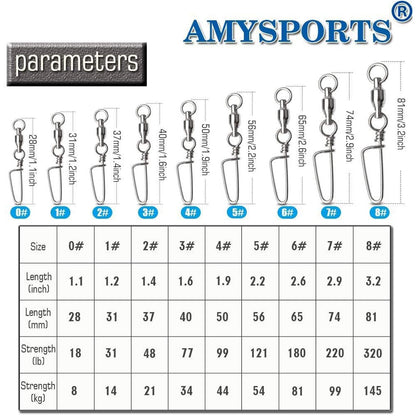 AMYSPORTS High Strength Stainless Fishing Swivels - Ball Bearing Saltwater Corrosion Resistance Barrel Swivels, 50pcs, 220lbs