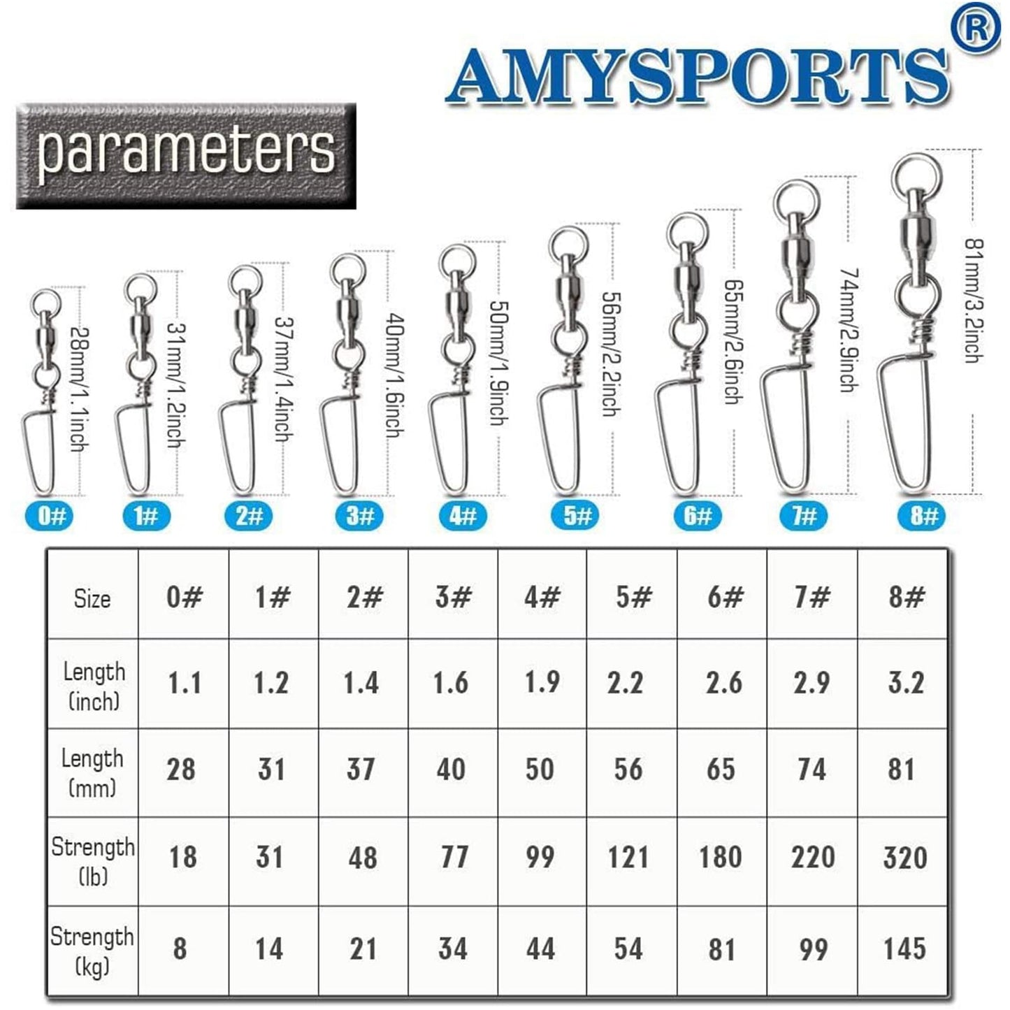 AMYSPORTS High Strength Ball Bearing Swivels - Stainless Saltwater Corrosion Resistance Barrel Swivel for Freshwater Fishing - 50pcs 180lbs