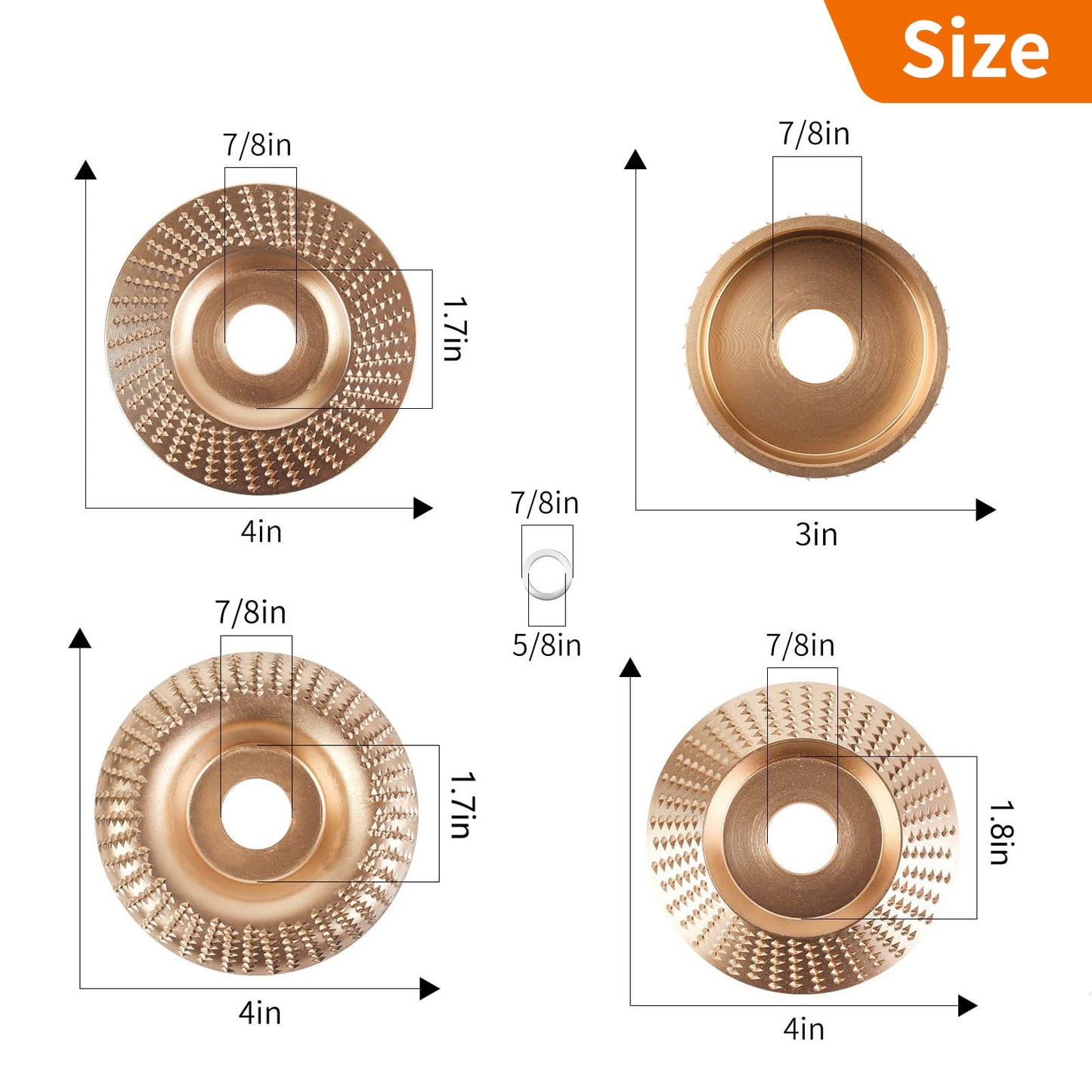 Pomsare 5PCS Angle Grinder Wood Carving Disc Set, 4 and 4 1/2 Angle Grinder Attachments with 5/8 inch Arbor, StumpGrinder Tool Grinding Wheel Shaping Disc for Wood Cutting, Cutting Wheel