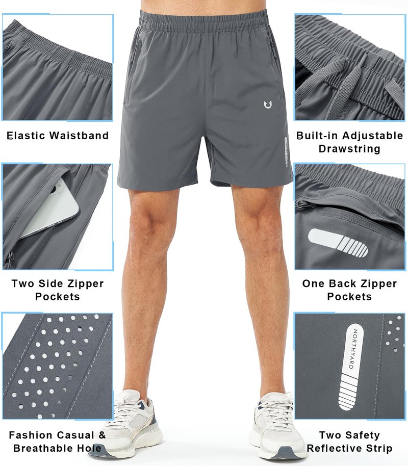 NORTHYARD Men's Athletic Running Shorts Quick Dry Workout Shorts 7"/ 5"/ 9" Lightweight Sports Gym Basketball Tennis Hiking Exercise SMOKEGREY-5inch 2XL