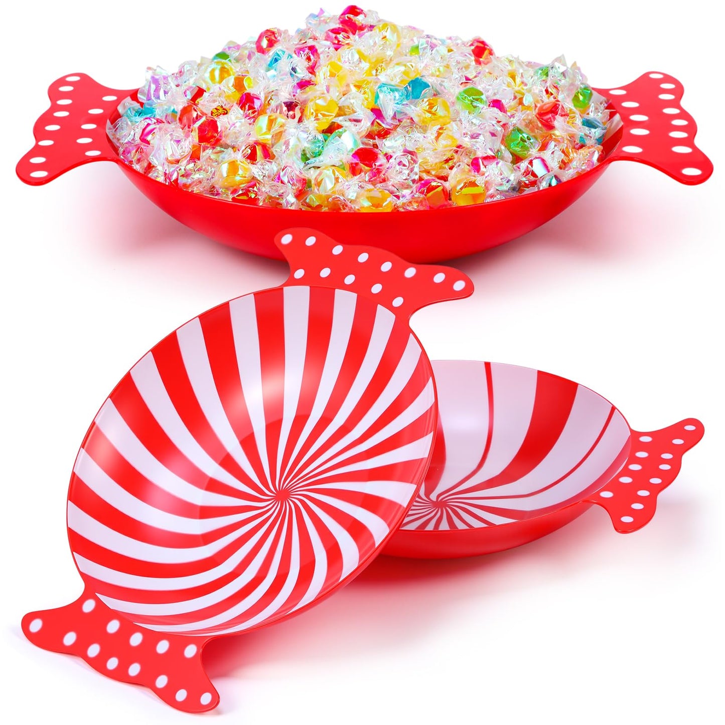 Wiwiqing 2 Pcs Christmas Peppermint Candy Tray Dishes Red Candy Platter Plastic Serving Dessert Plates Tableware Christmas Decorative Plates Dinnerware for Xmas Holiday Party Favor (Red)