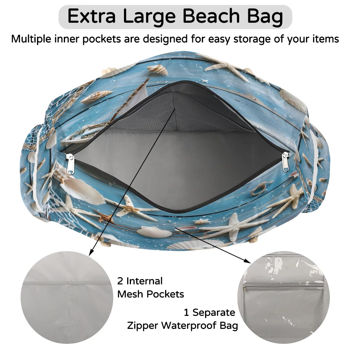 ModaQua Starfish Shell Nautical Beach Bags Waterproof Sandproof for Women, Large with Zipper Pool Beach Tote Reusable Grocery Shoulder Bag for Swim Travel Shopping Vacation Picnic