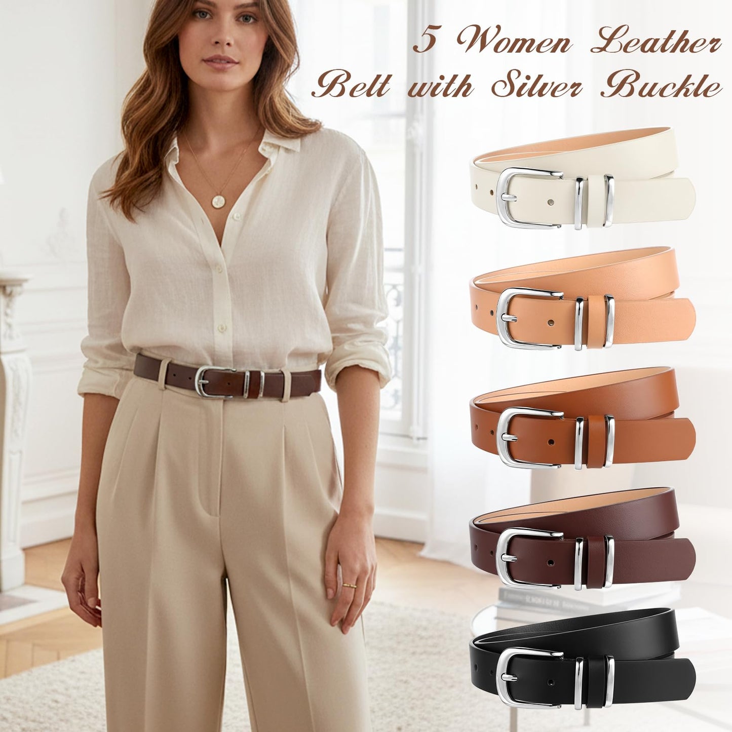 IMengjbang 5Pcs Womens Leather Belt Silver Buckle Fits Waist 25-35 Inches, Ladies Belts for Jeans with Silver Buckle 10 Adjustable Holes