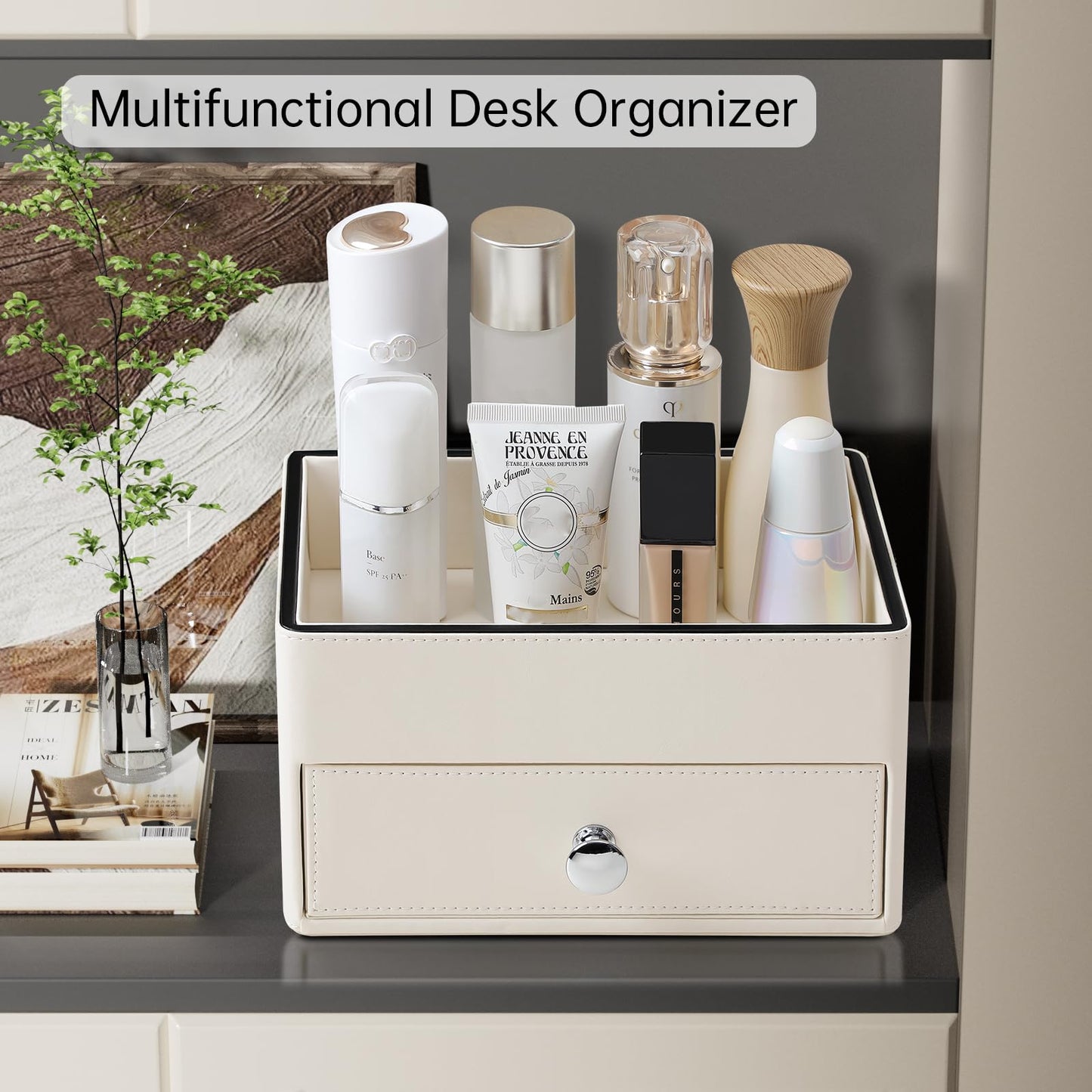 MEIBOOCH PU Leather Desk Organizer with Drawer, Multifunctional Nightstand Organizer, Waterproof Makeup Organizer for Vanity Bathroom Countertop Bedside Table (Beige)