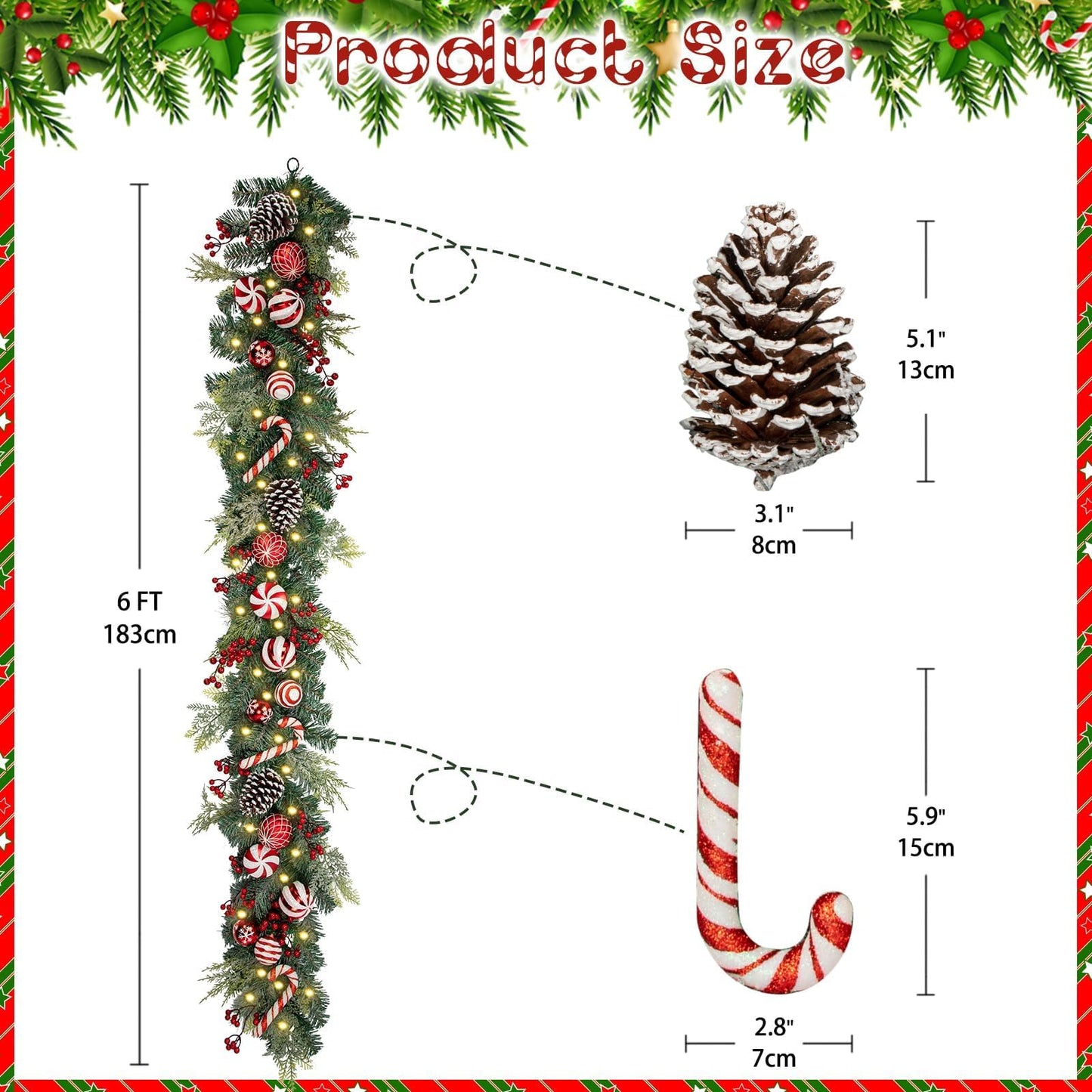 Red and White Christmas Garland 6Ft Christmas Garland Ornaments with 15 Balls, 3 Pinecones, 3 Candy Canes, LED Lights, Christmas Decorations for Fireplace Mantel Staircase Front Door Porch Holiday