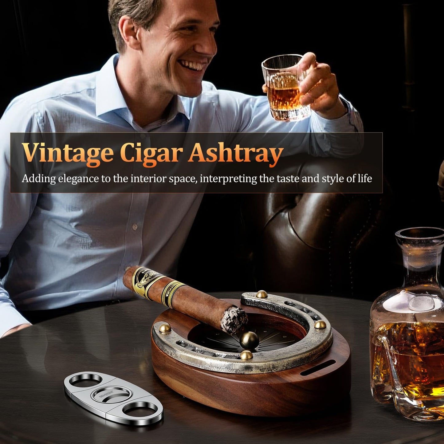 SEMKONT Cigar Ashtray, Horseshoe Wooden Portable Ashtray with Cutter, Zinc Alloy Anti-scald Gasket, Cigar Slot and Holder for home, office, bar and outdoor (Brown-Portable Ashtray)