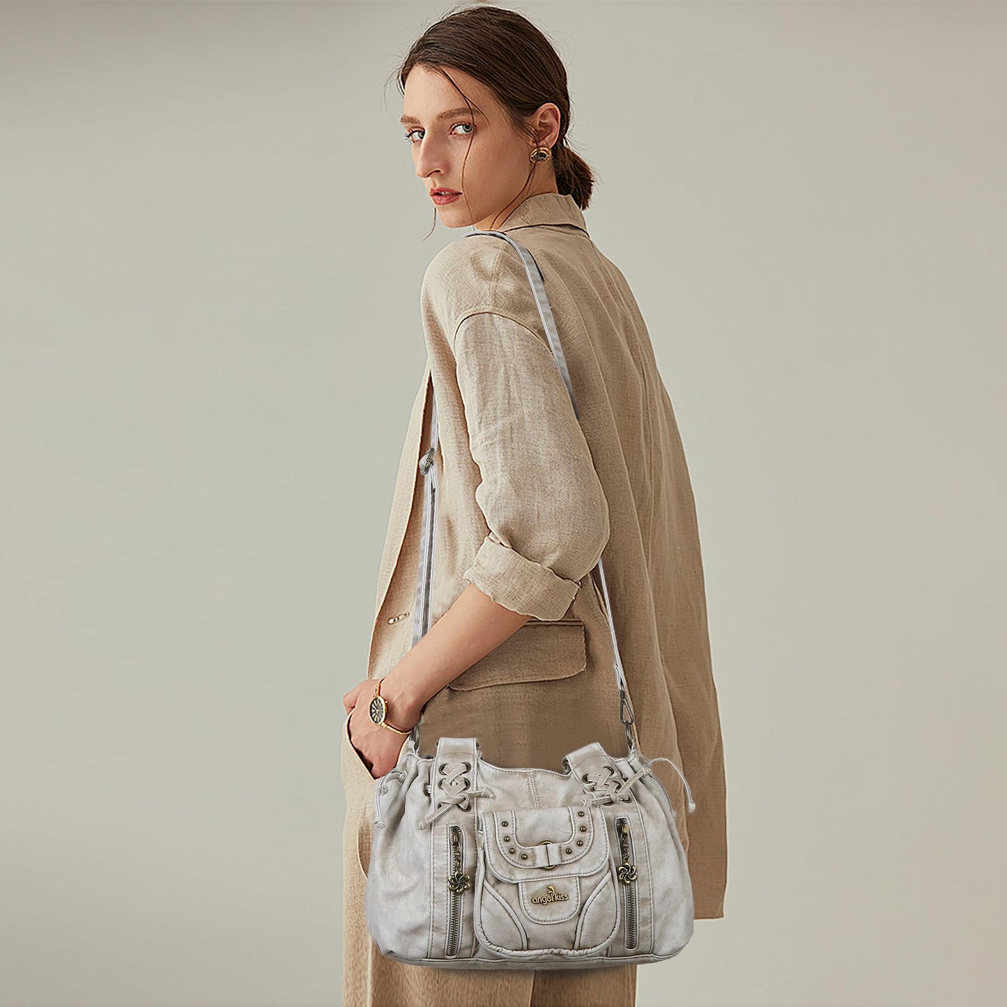 Angel Kiss Small hobo Bags for Women Retro Washed Leather Shoulder Handbag Roomy Top Handles Purses With Removable Strap