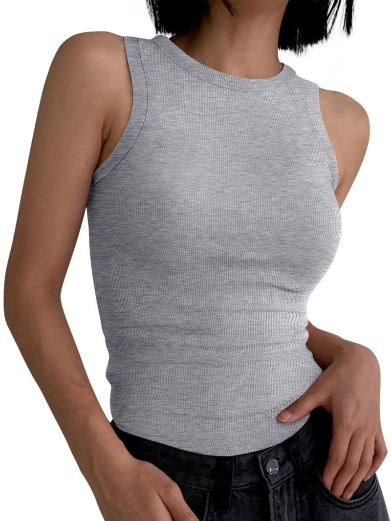 ANRABESS Womens Sleeveless High Neck Tank Tops Fashion Summer Casual Basic Slim Fit Ribbed Racerback Top Shirt Clothes Grey X-Large