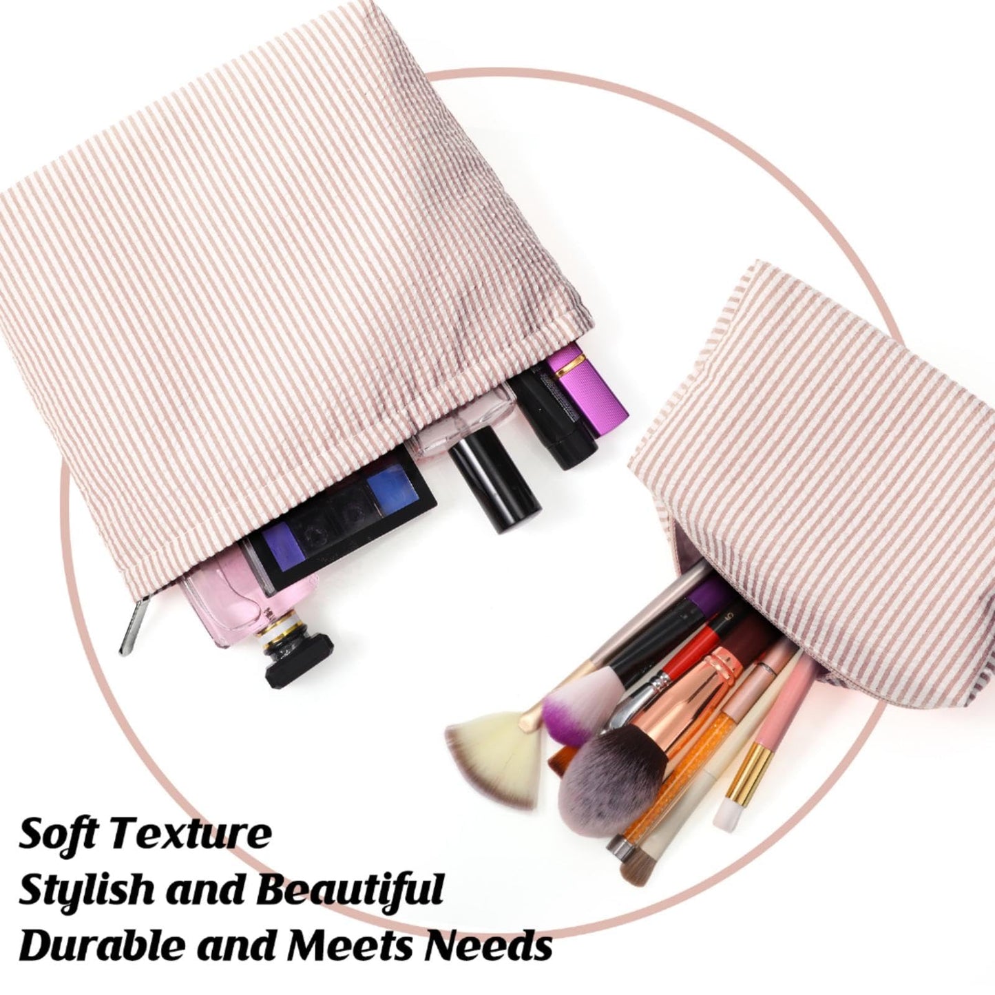Huhumy 2 Pcs Makeup Bag Set Cute Cosmetic Pouch for Women Seersucker Travel Toiletry Bag Preppy Small Makeup Purse Pouch Aesthetic Skincare Brushes Storage Organizer for Valentine Women(Khaki)