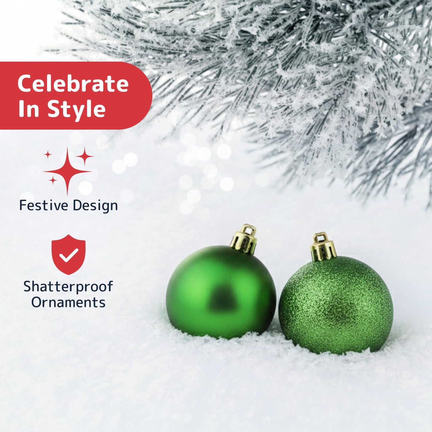 Prextex 36-Pieces Green Christmas Ornaments Set - Shatterproof, Festive Christmas Tree Balls Decorations in 3 Sizes and 6 Styles with Hanging Loops for Tree, Wreath, and Dazzling Holiday Party Decor