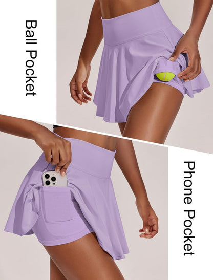 PINSPARK Women's Pleated Tennis Skorts with Shorts High Waisted Golf Skirt Tummy Control Yoga Skort Light Purple L