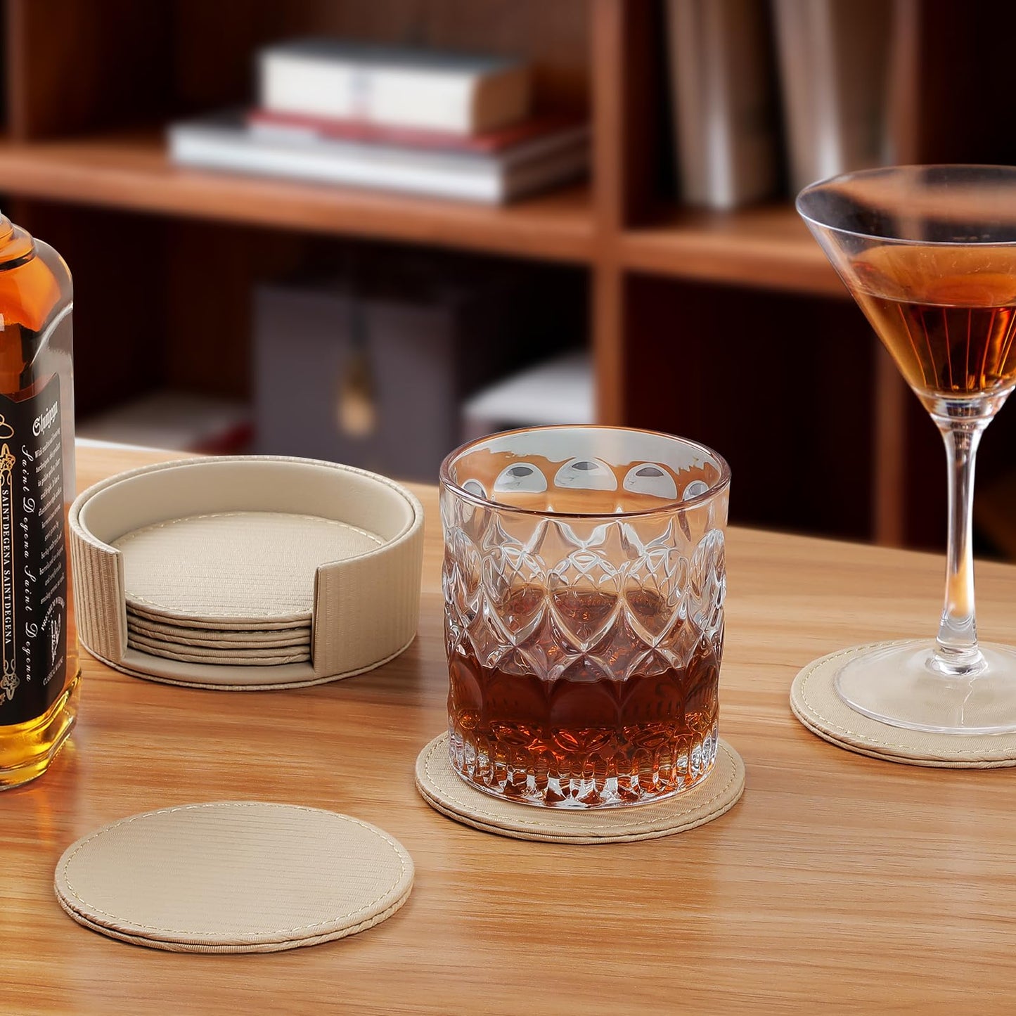 Leather Coasters Set of 6 with Holder, Tabletop Protection, Coffee Table & Bar Decoration, Modern-Style Drink Coasters Suitable for Home Dining Tables & Kitchen Accessories (Beige Stripe)