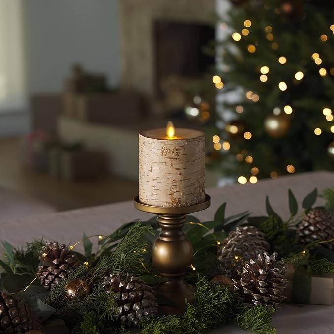 Luminara Real Birch Bark Wrapped Flameless LED Candle, 3.5" x 4.5", Battery Operated Moving Flame Pillar Light with Timer - Natural Decor Unscented