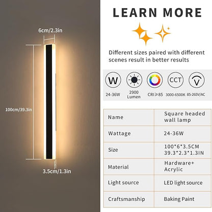 Mikeru 2Pack 39.3inch Outdoor Wall Light Fixtures, 3000/4500/6000K 3 Color Modern Black Linear Wall Lights Front Porch Light Wall Mounted Led Lighting for Basement, Shop,Garage Non-Dimmable