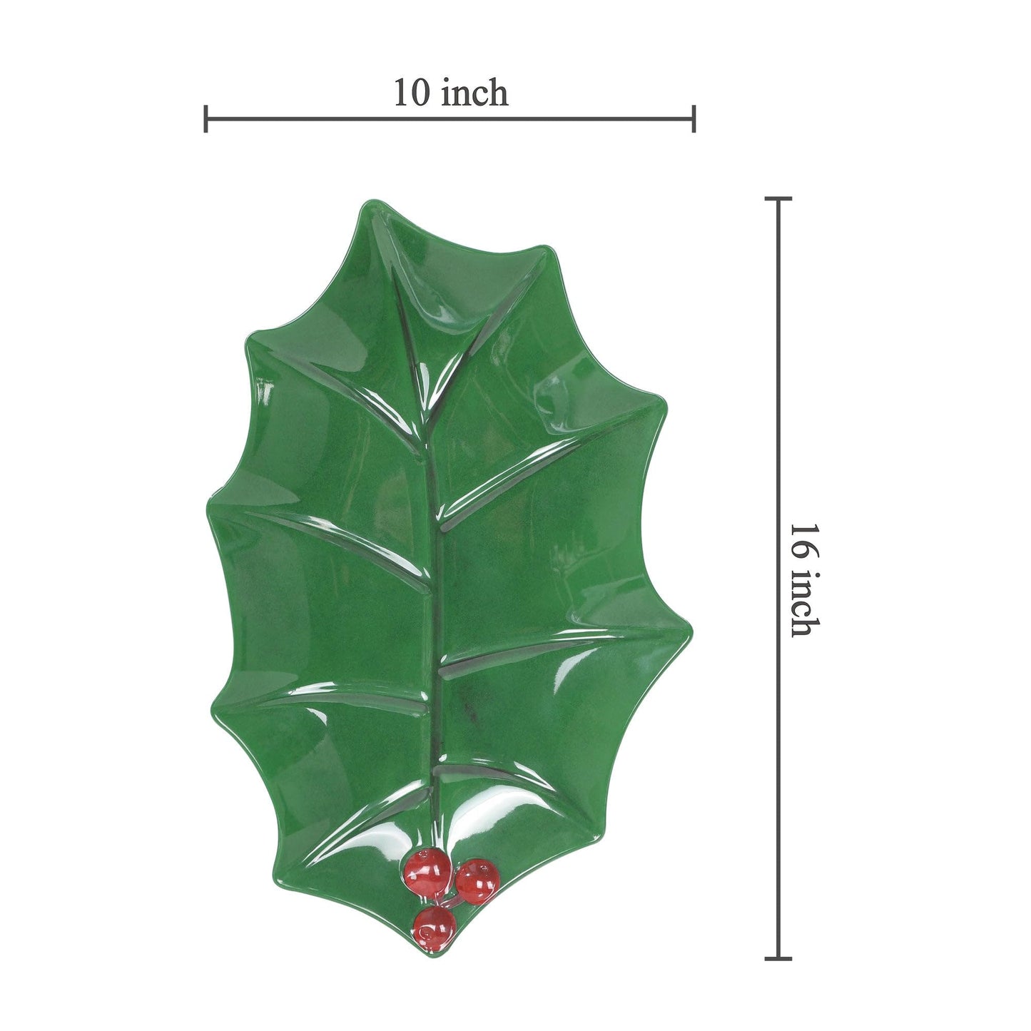 UPware Holly Leaf-Shaped Melamine Serving Platter, Green Holiday Tray with Red Berry Accent, Break-Resistant BPA-Free Christmas Dish for Cookies, Snacks, or Appetizers, 16 x 10 Inch