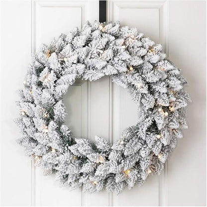 Glitzhome 24" D Pre-Lit Snow Flocked Christmas Wreath with Warm White LED Lights and Timer Artificial Decoration Wreath for Front Door Wall Window Indoor Outdoor Christmas Decorations