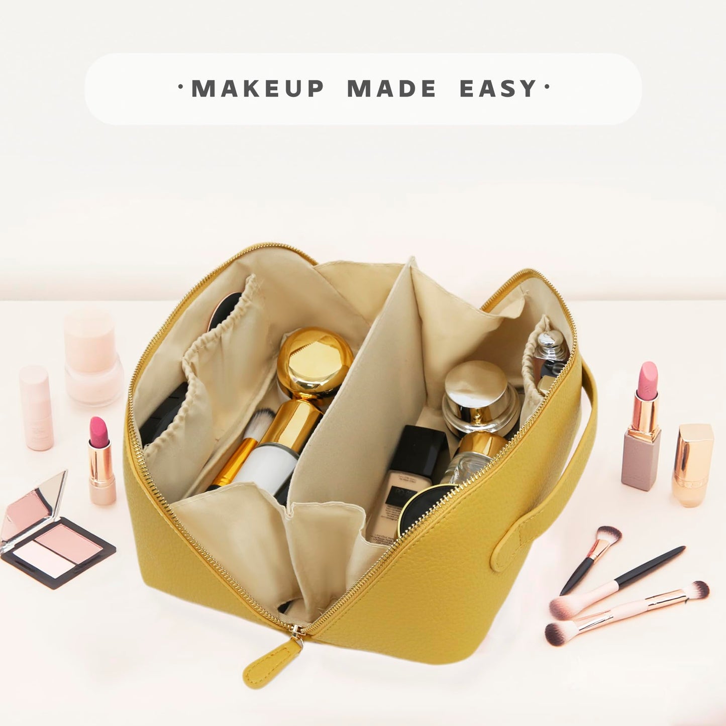 JINYIBAGS Travel Makeup Bag – Large Cosmetic Organizer with Waterproof PU Leather, Smooth Double Zipper & Tear-Resistant Lining, Toiletry Pouch for Women (Yellow)