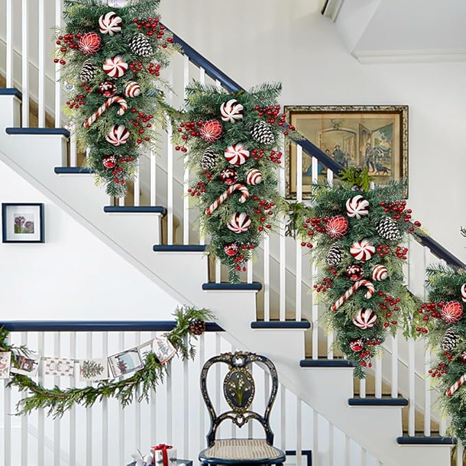 30" Christmas Teardrop Swag for Front Door Artificial Winter Swag Garland with Pine Cones, Berry Clusters, Red Ball Ornaments and Ribbons for Thanksgiving Holiday Christmas Decoration