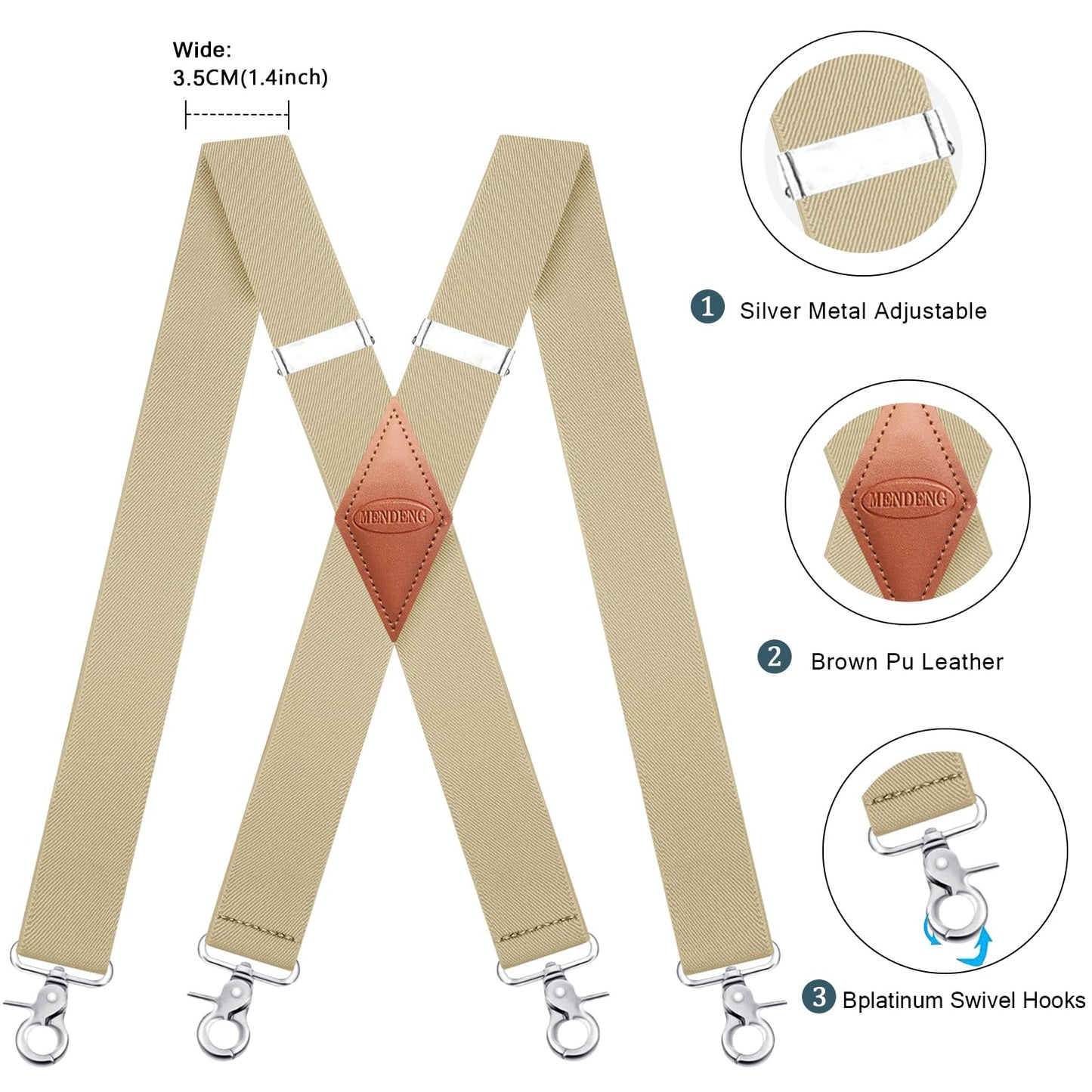 MENDENG Suspenders for Men with 4 Snap Hooks Adjustable Braces Groomsmen Beige