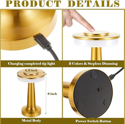 VIHOSE 12 Pcs Gold Cordless Table Lamps LED Portable Rechargeable Table Lamp with Touch Sensor 3 Color Dimming up to 15 Hours Battery Desk Light for Restaurant Nursery Living Room