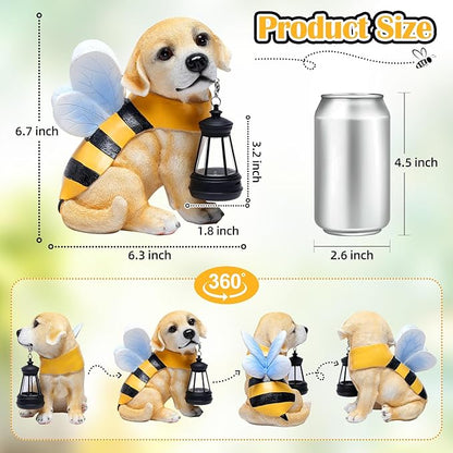Solar Dog Statues Outdoor Decor, Solar Powered LED Lights Honeybee Puppy Figurines Garden Decorations for Patio Yard Lawn Ornaments Gifts for Dad, Mom or Birthdays