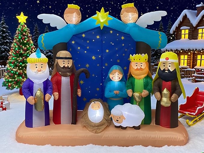 Christmas Inflatable Nativity Scene - 7ft Outdoor Indoor Decoration with LED Lights, Blow Up Yard Decor for Xmas Holiday, Nativity Set Includes Holy Family, Three Kings, Angel & Sheep