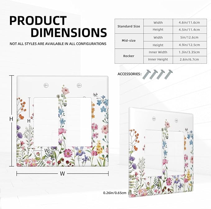 Rustic Wild Floral Vintage Watercolor Flower Double Rocker Light Switch Cover 2 Gang Wall Plate Covers Decorative Electrical GFCI Outlet Plates for Home Bathroom Kitchen Decor