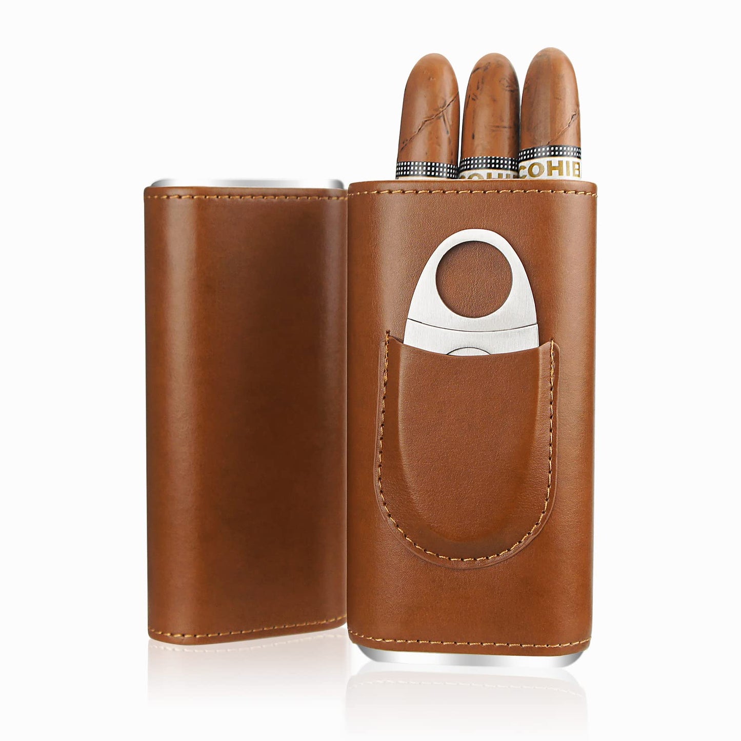 cgaplus 3-Finger Leather Cigar Case with Cutter Cedar Wood Lined Cigar Humidor Portable Travel Cigar Case(Brown)
