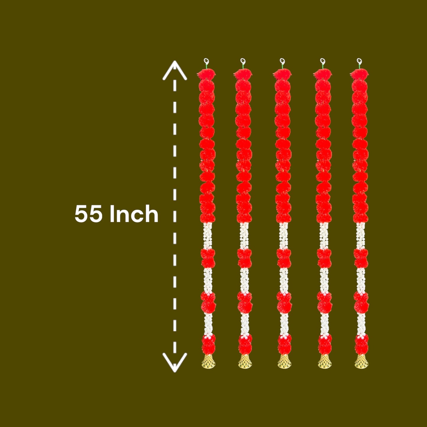 Rajasthan Kraft Pack of 5, Artificial Red Marigold Garland with Jasmine & Bell, 55 Inch Decorative Flower Strings for Home, Diwali, Pooja, Housewarming, Festival & Christmas Decor