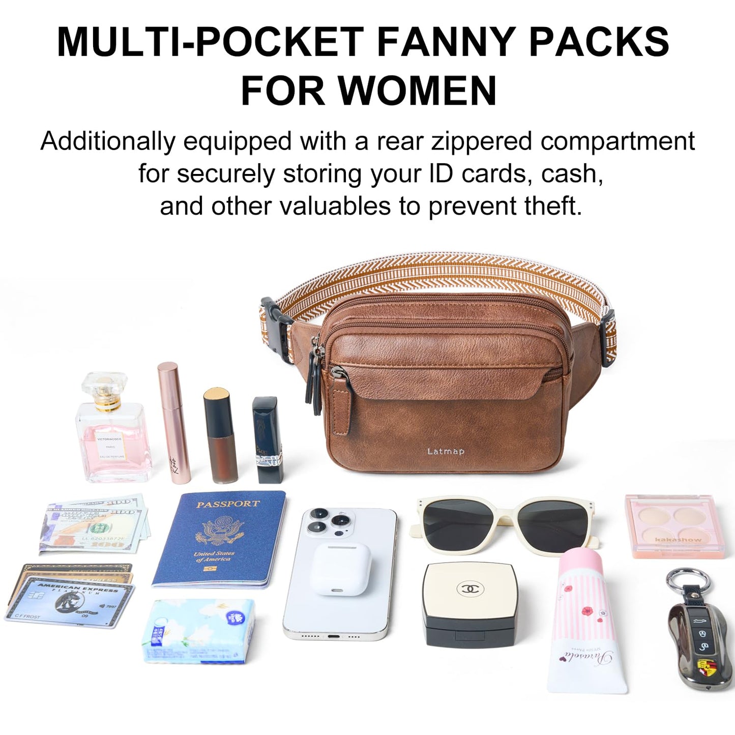 LATMAP 3L Fanny Packs for Women Cross Body Bag Vegan Leather Chest Belt Bag Fashion Waist Pack Small Bum Bag Crossbody for Travel Running Workout, Brown