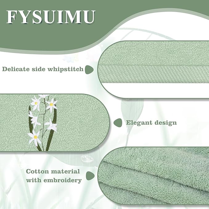3Pcs Sage Green Hand Towels 29.5 x 13.7 Inch Gradient Green Floral Embroidered