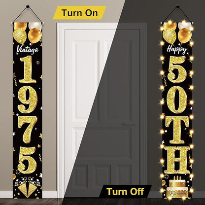 50th Birthday Party Banner Lighted Decorations for Men and Women - Black Gold Vintage 1975 50th Birthday Door Banners with LED Light, Fifty Years Birthday Party Supplies for Indoor Outdoor Decor