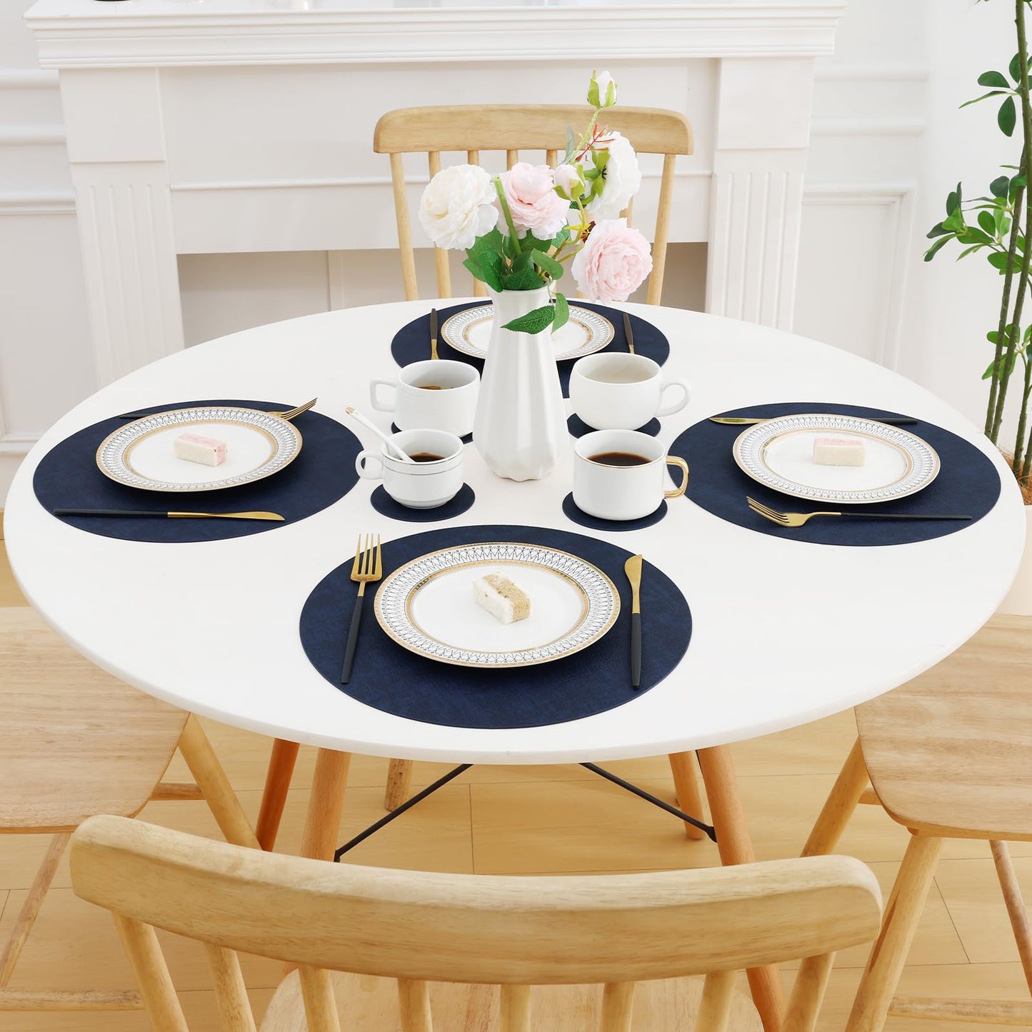 Homaxy Round Faux Leather Placemats and Coasters, Washable Dual-Side Table Mats, Wipeable Heat-Resistant Dining Place Mats for Outdoor and Indoor, Set of 4, Diameter 13 and 3.93 inch, Navy Blue