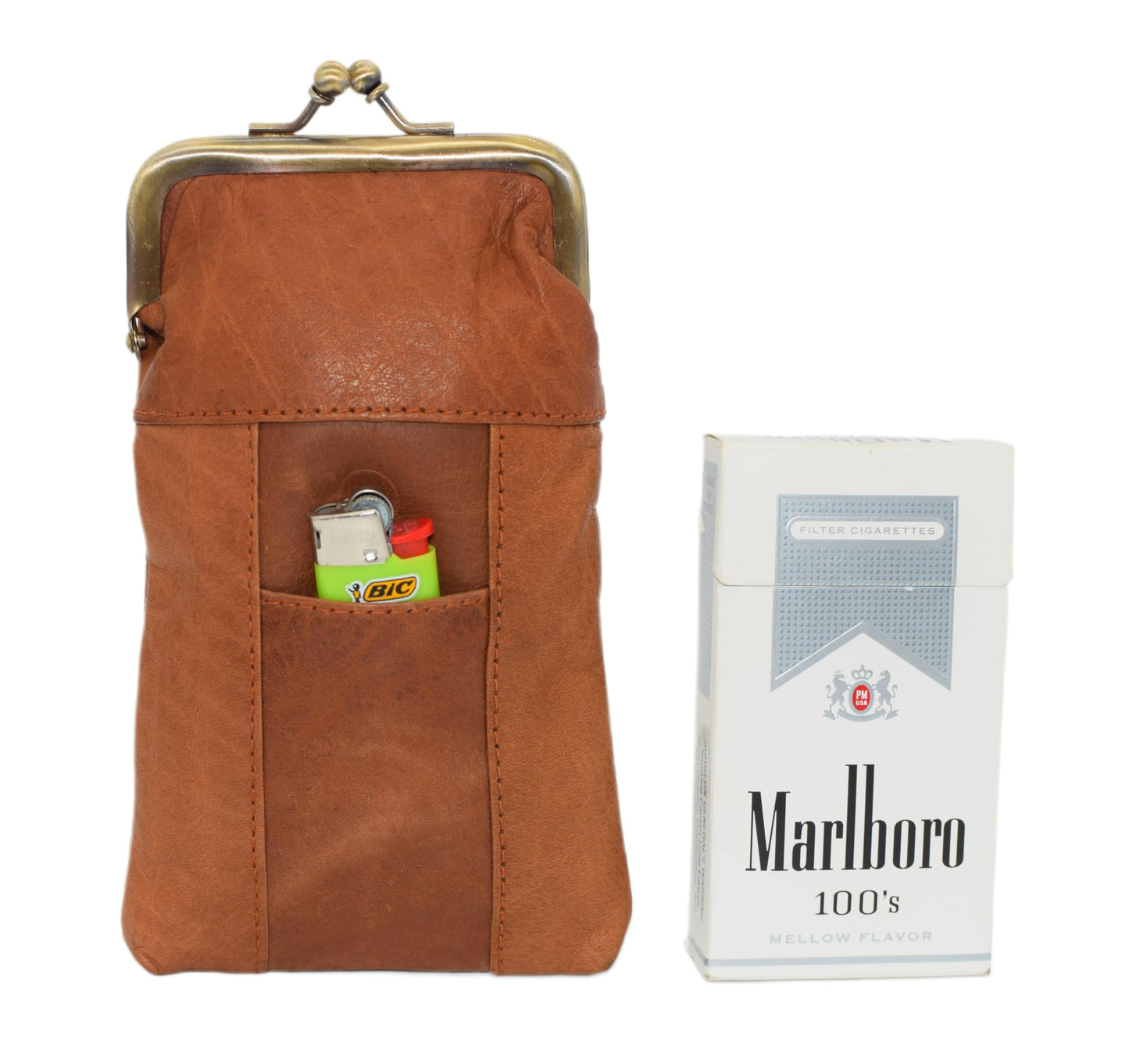 Genuine Leather Tan Cigarette Case Holder Slim Pack Regular or 100's & Lighter Pocket with Metal Twist Clasp (Tan)