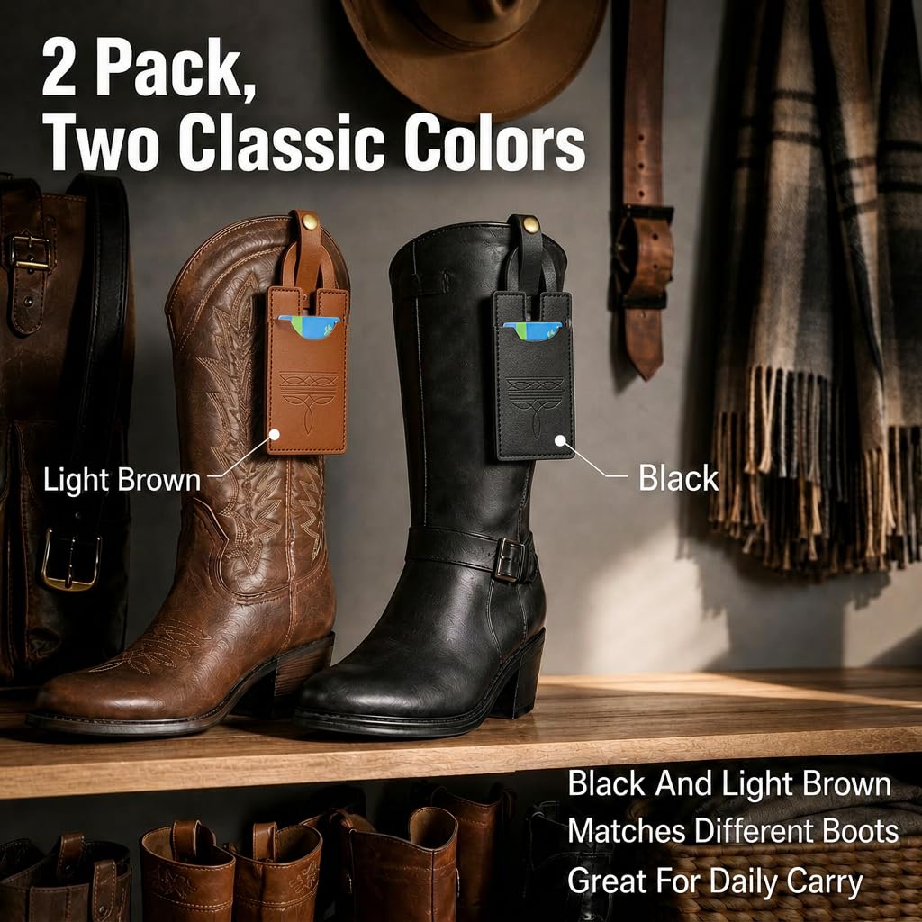 RJLCTH 2 Pcs Western Boot Wallet for Women, Brown/Black Leather Credit Card Holder, Snap Strap Insert for Standard Women's Western Boots, Casual Storage for Rodeos and Country Concerts