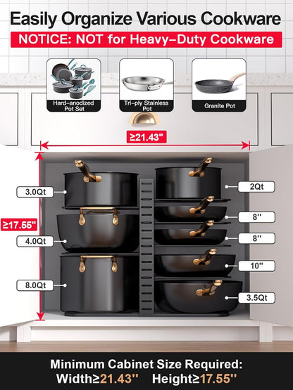 MUDEELA Pots and Pans Organizer Rack under Cabinet 14.55in Height, 8-Tier Kitchen Cabinet Organizers and Storage, Light-Duty Adjustable Pot Racks, Pan Organizers inside Cabinet with 3 DIY Methods
