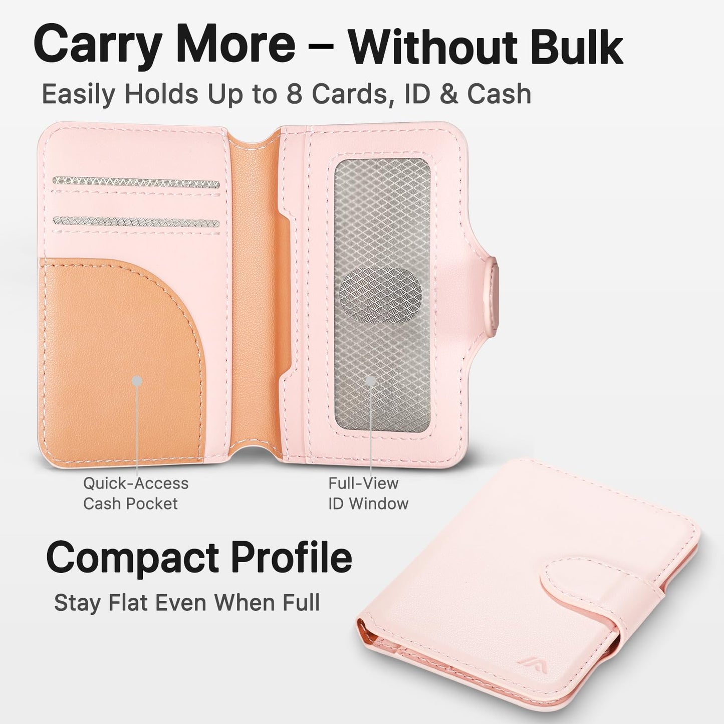 MEFON for MagSafe Wallet, Magnetic Phone Wallet RFID Blocking, Slim 5-8 Card Holder with Cash Slot & Clear ID Window, Minimalist Mag Safe Wallets for iPhone 17/16/15/14/13/12 Series, Blush Pink