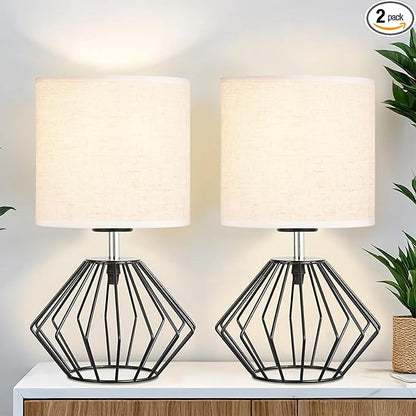 Hamilyeah Bedside Lamps Set of 2 with On/Off Switch, Black Industrial Table Lamps for Night Stands with Beige Linen Fabric Shade