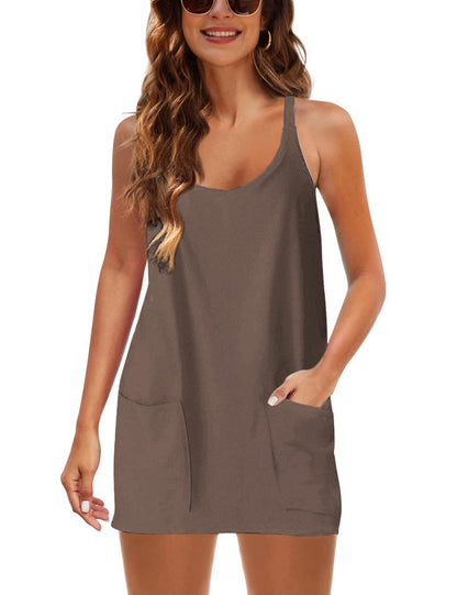 Lentta Womens Athletic Sleeveless Mini Dress with Built-in Shorts V Neck Spaghetti Strap Sundress(LightCoffee-S)