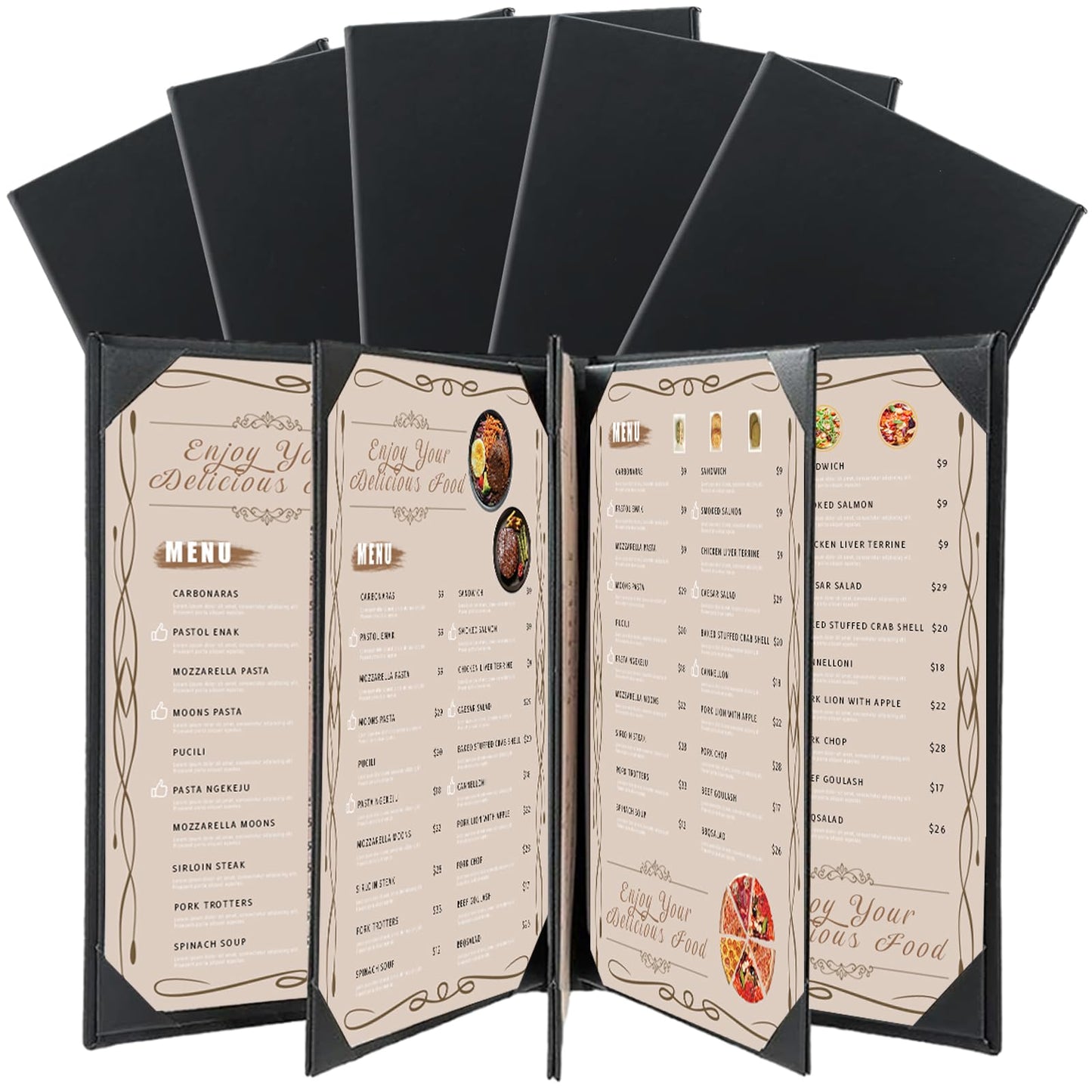 FLKQC Restaurant Menu Covers Holders 8.5 X 11, 5 Pack Synthetic Leather Menu Holder Covers Book Style with Angled Corners Black for Wine List, Certificate Organizer Diploma Holder (5 Page 8 View)
