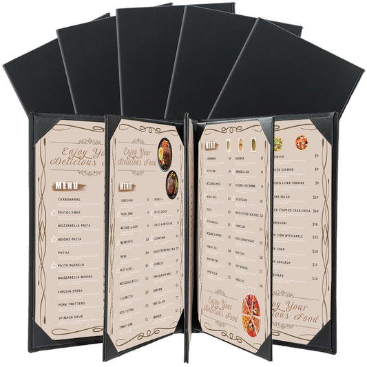 FLKQC Restaurant Menu Covers Holders 8.5 X 11, 5 Pack Synthetic Leather Menu Holder Covers Book Style with Angled Corners Black for Wine List, Certificate Organizer Diploma Holder (5 Page 8 View)
